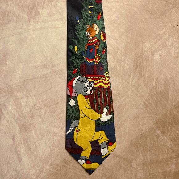 Vintage 90s Cartoon Corner Tom & Jerry Christmas Holiday Neck Tie Silk Winter - Picture 5 of 7